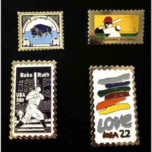 Postage Stamp Pins USPS Collectible Babe Ruth, Baseball, Buffalo, Love Vintage